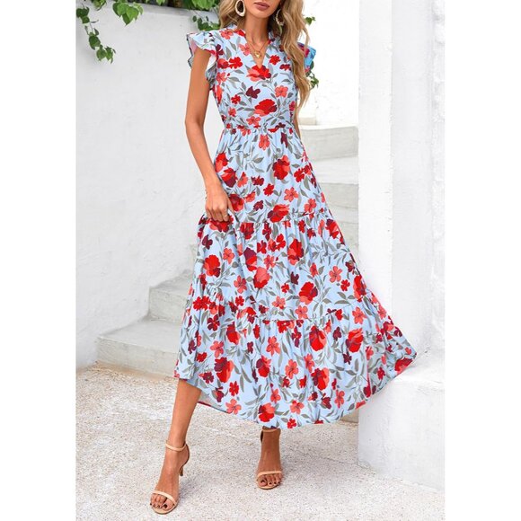 Women's Floral Midi Dress Summer Boho V Neck Cap Sleeve Ruffle Beach - Picture 6 of 8